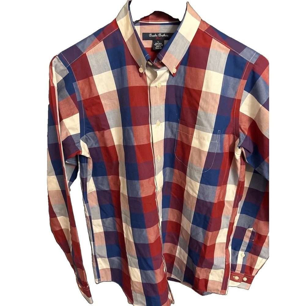 Brooks Brothers Boys Red White Blue Buffalo Check Non-Iron Cotton Shirt Size LG